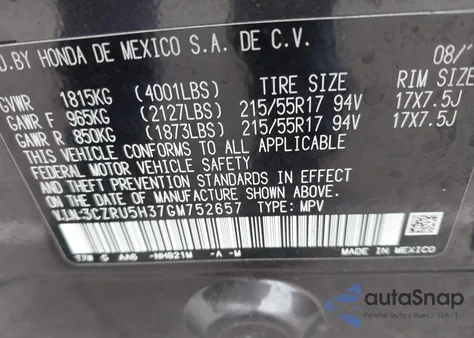 2016 Honda Hr-V Lx из США, поврежденный, VIN 3CZRU5H37GM752657